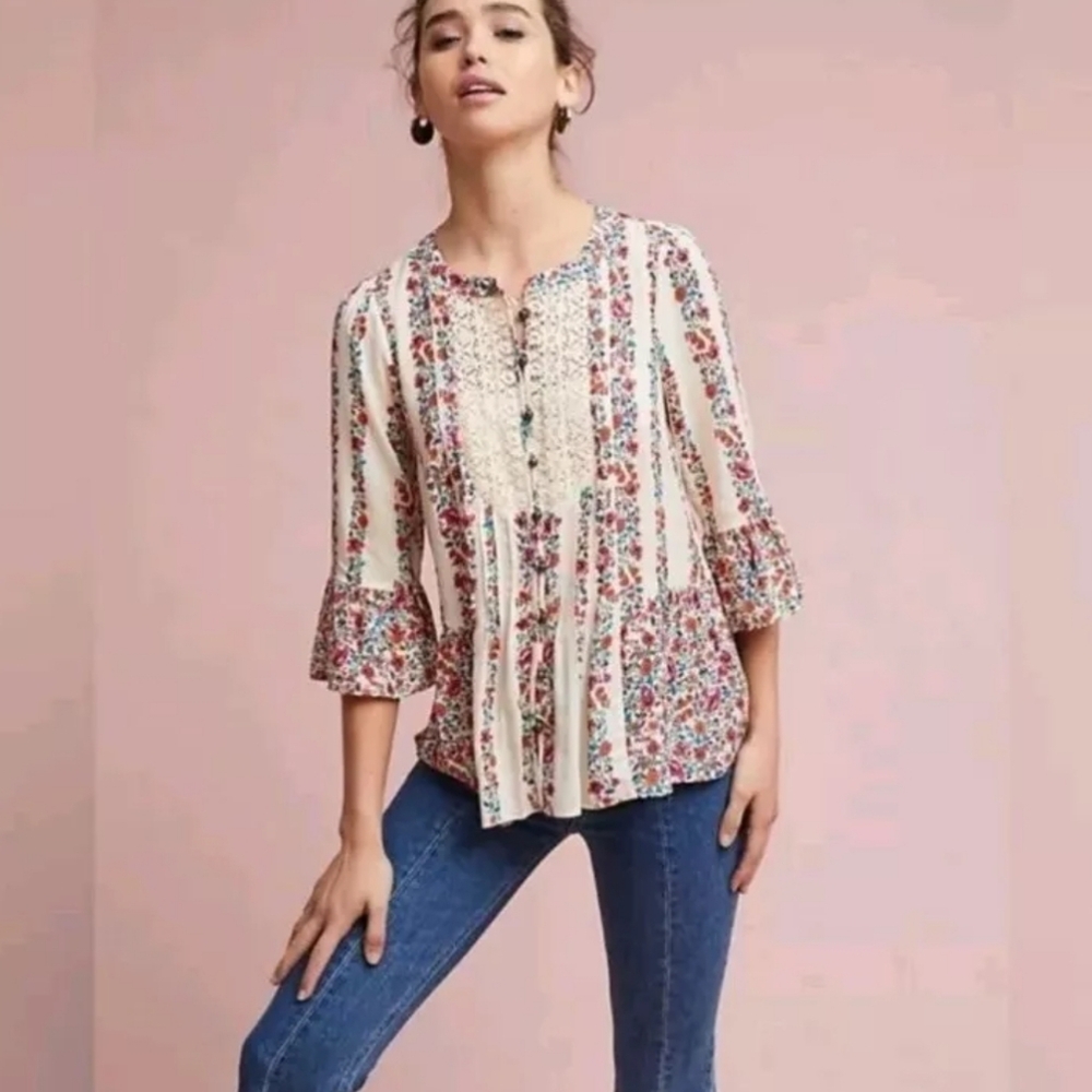 Anthropologie Maeve‎ Hiver Floral Boho Buttondown Blouse Size 6